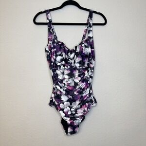 Aqua Eve One Piece Swimsuit Womens Large Floral Ruched Padded Tummy Control Swim